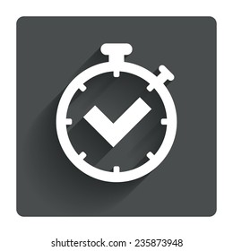 Timer sign icon. Check stopwatch symbol. Gray flat square button with shadow. Modern UI website navigation. Vector