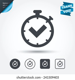 Timer sign icon. Check stopwatch symbol. Circle and square buttons. Flat design set. Thank you ribbon. Vector