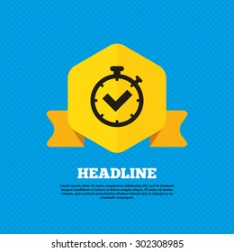 Timer sign icon. Check stopwatch symbol. Yellow label tag. Circles seamless pattern on back. Vector