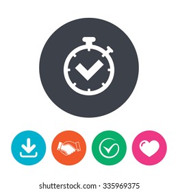 Timer sign icon. Check stopwatch symbol. Download arrow, handshake, tick and heart. Flat circle buttons.
