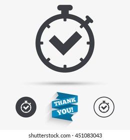 Timer sign icon. Check stopwatch symbol. Flat icons. Buttons with icons. Thank you ribbon. Vector