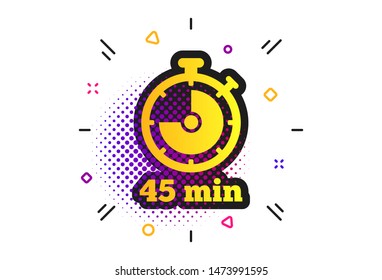 Timer sign icon. Halftone dots pattern. 45 minutes stopwatch symbol. Classic flat timer icon. Vector