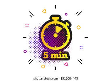 Timer sign icon. Halftone dots pattern. 5 minutes stopwatch symbol. Classic flat timer icon. Vector