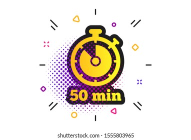 Timer sign icon. Halftone dots pattern. 50 minutes stopwatch symbol. Classic flat timer icon. Vector