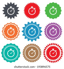 Timer sign icon. Stopwatch symbol. Stars stickers. Certificate emblem labels. Vector