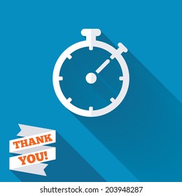 Timer sign icon. Stopwatch symbol. White flat icon with long shadow. Paper ribbon label with Thank you text. Vector