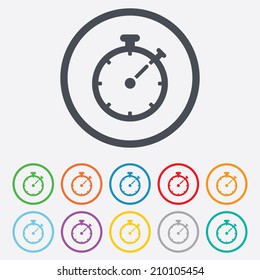 Timer sign icon. Stopwatch symbol. Round circle buttons with frame. Vector