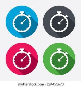 Timer sign icon. Stopwatch symbol. Circle buttons with long shadow. 4 icons set. Vector