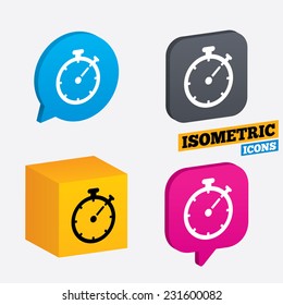 Timer sign icon. Stopwatch symbol. Isometric speech bubbles and cube. Rotated icons with edges. Vector