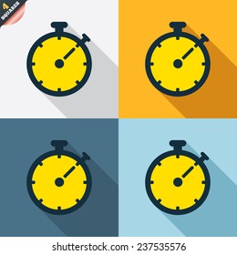 Timer sign icon. Stopwatch symbol. Four squares. Colored Flat design buttons. Vector