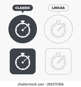 Timer sign icon. Stopwatch symbol. Classic and line web buttons. Circles and squares. Vector