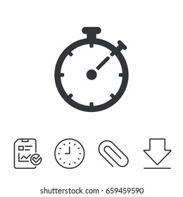 Timer sign icon. Stopwatch symbol. Report, Time and Download line signs. Paper Clip linear icon. Vector