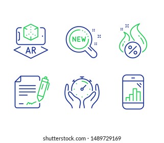Timer, Signing document and New products line icons set. Augmented reality, Hot loan and Graph phone signs. Deadline management, Contract, Search. Phone simulation. Technology set. Vector