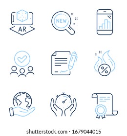 Timer, Signing document and New products line icons set. Diploma certificate, save planet, group of people. Augmented reality, Hot loan and Graph phone signs. Vector