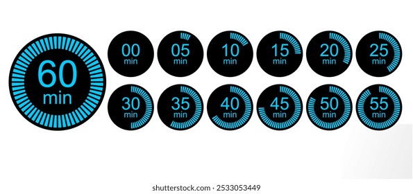 timer or stop watch countdown clock icon set for race, science experiment, deadline, countdown, cooking, running, exercise etc use. vector countdown indicator design element in minutes.	