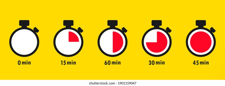 Timer, stopwatch, chronometer, time, clock icon . Countdown 10, 20, 30, 40, 50, 60 minutes on an isolated background. EPS 10 vector.