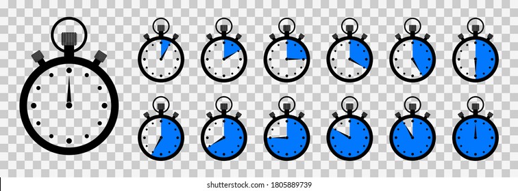 Timer And Stopwatch. Clock With Countdown Time. Round Icon For Meter Speed And Stop. Chrono Watch For Cooking And Sport. Background With Second Arrow On 45, 30, 15, 10, 5. Label For Ui. Vector.