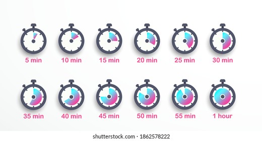 Timer, stopwatch colorful icon layouts. measurement 5, 10, 15, 20, 25, 30, 35, 40, 45, 50, 55 min, 1 hour. Stopwatch badge gradient color. Vector illustration. EPS 10