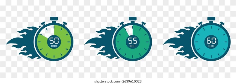 Timer. Stopwatch. Countdown 50,55,60 minutes. Stopwatch icon in flat style, Countdown timer symbol icon set. Label cooking time. Stop watch isolated on transparent background. Vector illustration