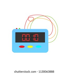 Timer, stopwatch, digital and home appliance. Digital countdown timer to indicate the end of the action, deadline. Household watches, detonator device with cable. Vector illustration isolated.