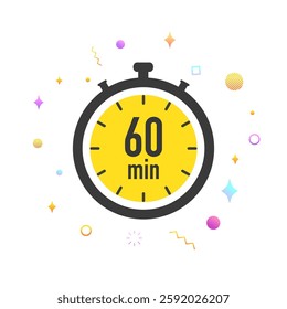 Timer, stopwatch icon. Clock sign with 60 minutes or seconds. Countdown timer. Sport clock with yellow colored time meaning. Cooking indicators. Vector illustration