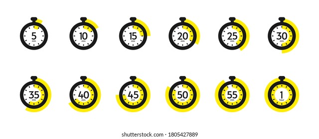 Timer and stopwatch icon set. Countdown timer with different time. Kitchen stopwatch symbol for cooking or sports clock with minutes. Vector illustration.