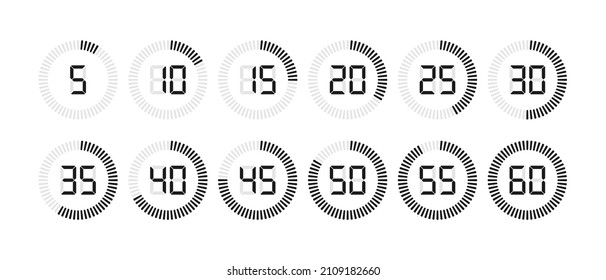 Timer and stopwatch icon set with digital numbers. Countdown timer or digital clock for time with second symbols. Vector illustration. - Shutterstock ID 2109182660