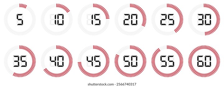 Timer and stopwatch icon set with digital numbers