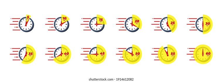 Timer and stopwatch icon set. Kitchen cooking or fast express delivery time labels with different minutes. Sport clock or deadline countdown symbol collection vector isolated eps illustation