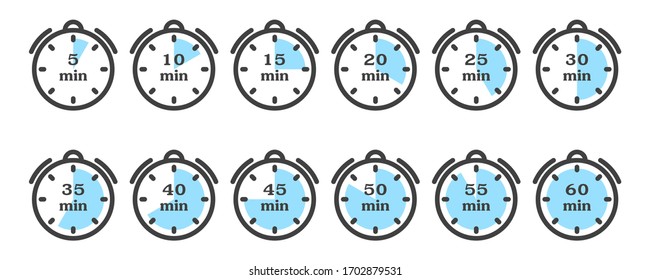 Timer and stopwatch icon set. A minimalistic image of a watch with different variants of minute indicators multiple of five. Isolated vector on a white background. - Powered by Shutterstock - Get 15% off with code: PIKWIZARD15
