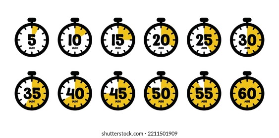 Colección vectorial de iconos de cronómetro y cronómetro. Timer con diferentes minutos de 0 a 60 minutos de ilustración de símbolo. Temporizador de cuenta atrás para la silueta de signos de cocina