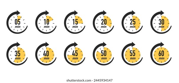 Timer, stopwatch icons. Clock with different minutes from 5 to 60. Countdown timer set. Delivery time meaning. Sport or cooking clocks. Vector illustration