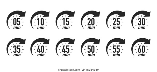 Timer, stopwatch icons. Clock with different minutes from 5 to 60. Countdown timer set. Delivery time meaning. Sport or cooking clocks. Vector illustration