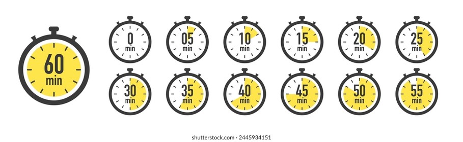 Timer, stopwatch icons. Clock with different minutes from 5 to 60. Countdown timer set. Delivery time meaning. Sport or cooking clocks. Vector illustration