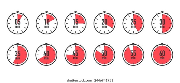 Timer, stopwatch icons. Clock with different minutes from 5 to 60. Countdown timer set. Delivery time meaning. Sport or cooking clocks. Vector illustration