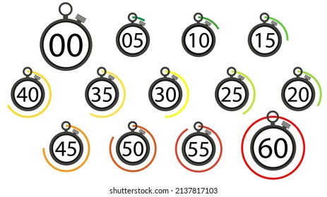 Timer, Stopwatch icons pack. Speed ​​measurements, countdown from 0 to 60 seconds. Vector illustration