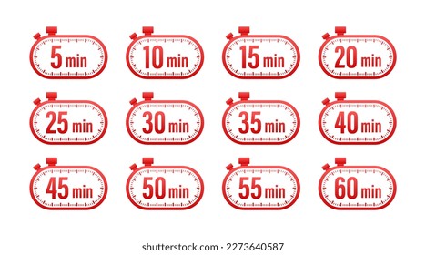 Timer, stopwatch icons set 10 20 30 40 50 60 minutes. Cooking time.