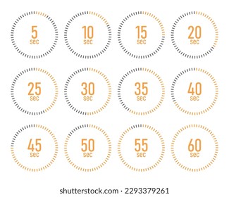 Timer, stopwatch icons set 10 20 30 40 50 60 minutes. Cooking time. Vector illustration.