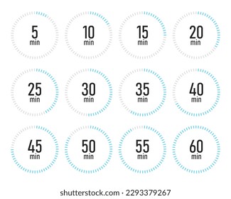 Timer, Stoppuhr-Symbole gesetzt 10 20 30 40 50 60 Minuten. Kochzeit. Vektorgrafik.