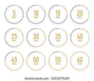 Timer, stopwatch icons set 10 20 30 40 50 60 minutes. Cooking time. Vector illustration.