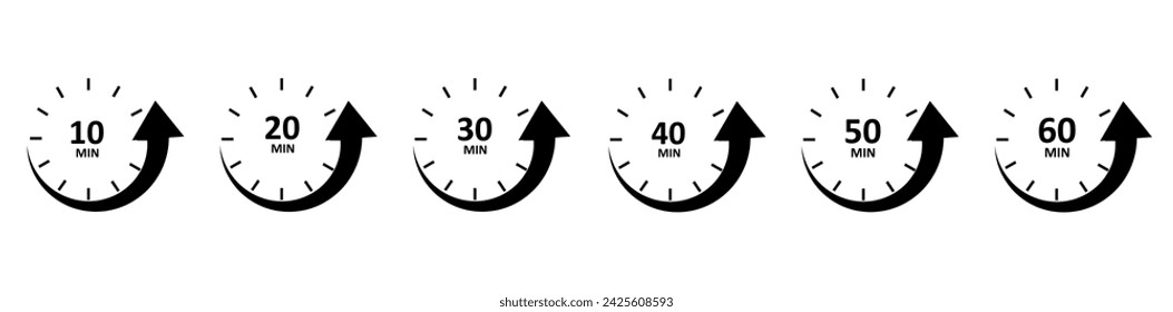 Timer, stopwatch icons set 10 20 30 40 50 60 minutes. Cooking time.