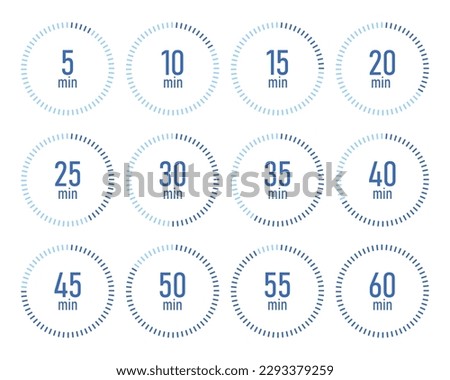 Timer, stopwatch icons set 10 20 30 40 50 60 minutes. Cooking time. Vector illustration.