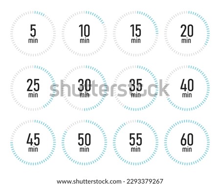 Timer, stopwatch icons set 10 20 30 40 50 60 minutes. Cooking time. Vector illustration.
