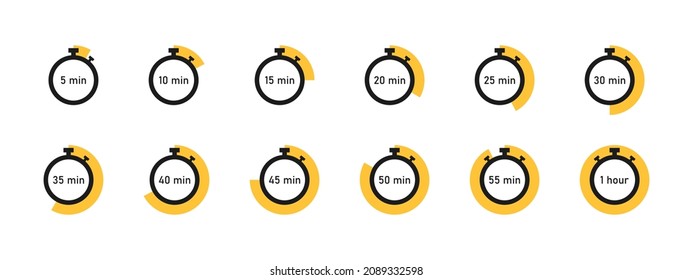 Timer and stopwatch icons set. Measurement of time. Countdown timer with different minutes. Vector illustration