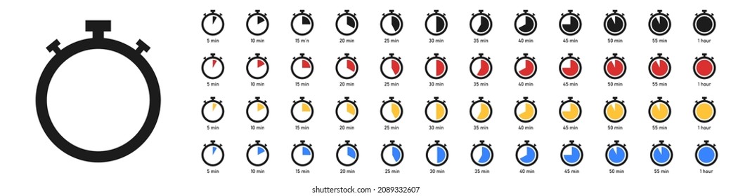 Zeiger und hör auf, die Symbole anzuzeigen. Zeitmessung. Countdown-Timer mit verschiedenen Minuten. Vektorgrafik