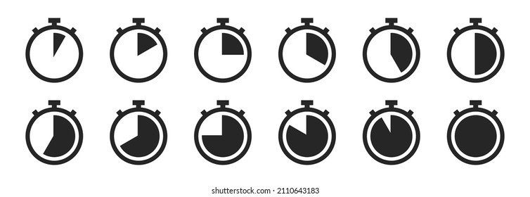 Iconos de cronómetro y cronómetro. Reloj horario, ver pictogramas. Vector. Hora de parada del ronómetro, minuto, segundo símbolos.Ilustración de la cuenta regresiva e intervalos, conjunto de alarmas.Plazo del círculo,media gráfica