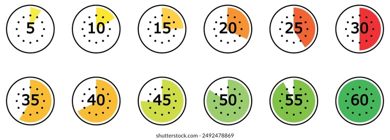 Timer or stopwatch icons vector set. Cooking time symbols and labels. Kitchen timer icon with different minutes.