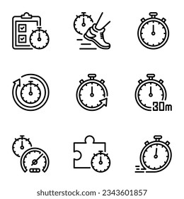 Timer and stopwatch line icons set. schedule, measurement, record, race, exercising, watch, management, pictogram, stroke, running, rush, speed, arrow, outline, measuring, competition, fast