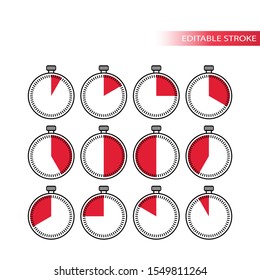 Timer or stopwatch with minutes scale simple vector set in red and black editable line. Chronometer for time, clock symbol set.