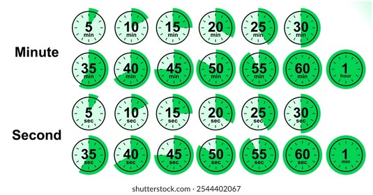 timer or stopwatch symbol in minutes and seconds icons for sports, race, run, exercise, diving, countdown, deadline, cooking etc use. 
